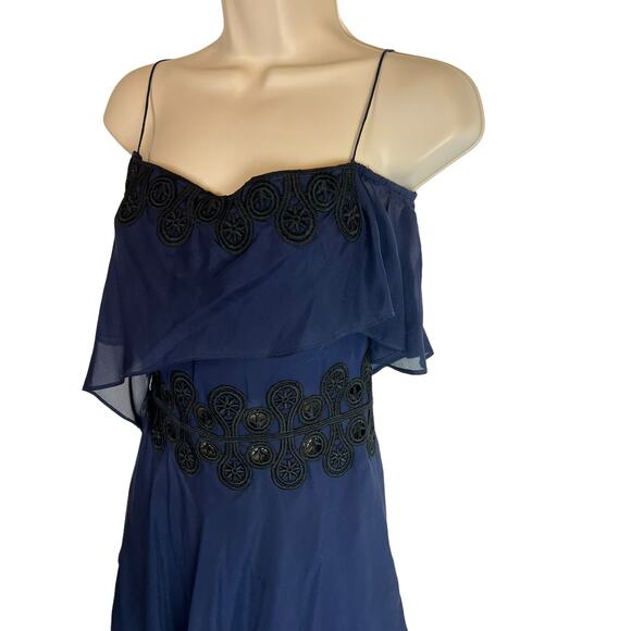 Jonathan Simkhai Blue Silk Black Lace Party Dress Cocktail Ruffle 0 - Picture 5 of 13